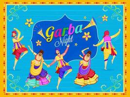 Jahrgang Stil Garba Nacht Poster oder Karte Design mit Illustration von Paar Tanzen auf Blau Hintergrund dekoriert mit Blumen- Design. vektor