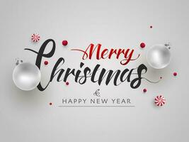 glad jul och Lycklig ny år firande hälsning kort design dekorerad med grannlåt och godis illustration. vektor