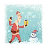 fröhlich Weihnachten Poster Design mit Karikatur Santa claus halten ein Geschenk Kasten, Glocke und Schneemann Charakter auf Schnee fallen Hintergrund. vektor