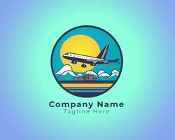 Reise Logo mit Flugzeug und Berge, Sonne , Taschen, Kreis Transport Reise Logo Vektor eps Datei