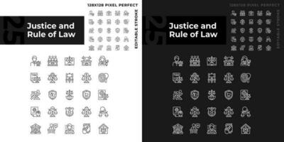 rättvisa och regel av lag pixel perfekt linjär ikoner uppsättning för mörk, ljus läge. regering systemet av reglering. tunn linje symboler för natt, dag tema. isolerat illustrationer. redigerbar stroke vektor