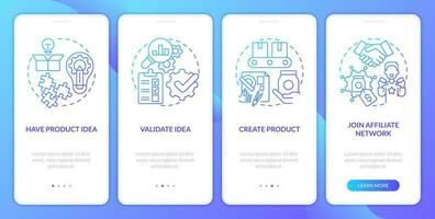 werden Affiliate Händler Blau Gradient Onboarding Handy, Mobiltelefon App Bildschirm. E-Commerce Komplettlösung 4 Schritte Grafik Anleitung mit linear Konzepte. ui, ux, gui Vorlage vektor