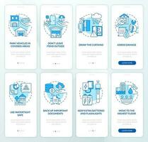 bereiten zum Flut und Hagel Blau Onboarding Handy, Mobiltelefon App Bildschirm Satz. Komplettlösung 4 Schritte editierbar Grafik Anleitung mit linear Konzepte. ui, ux, gui Vorlage vektor