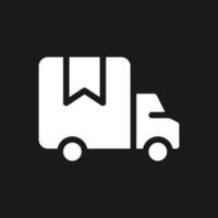 Lieferung LKW dunkel Modus Glyphe ui Symbol. Transportieren Waren und Produkte. Benutzer Schnittstelle Design. Weiß Silhouette Symbol auf schwarz Raum. solide Piktogramm zum Netz, Handy, Mobiltelefon. Vektor isoliert Illustration