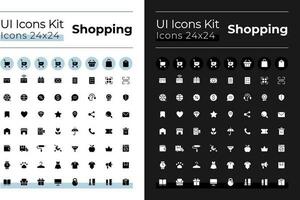 Einkaufen Glyphe ui Symbole einstellen zum dunkel, Licht Modus. Digital Handel. Silhouette Symbole zum Nacht, Tag Themen. solide Piktogramme. Vektor isoliert Abbildungen