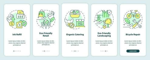Grün Geschäft Ideen Onboarding Handy, Mobiltelefon App Bildschirm. Komplettlösung 5 Schritte editierbar Grafik Anleitung mit linear Konzepte. ui, ux, gui Vorlage vektor