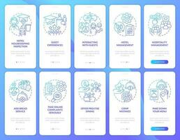 Gastfreundschaft Industrie Trends Blau Gradient Onboarding Handy, Mobiltelefon App Bildschirm Satz. Komplettlösung 5 Schritte Grafik Anleitung mit linear Konzepte. ui, ux, gui Vorlage vektor