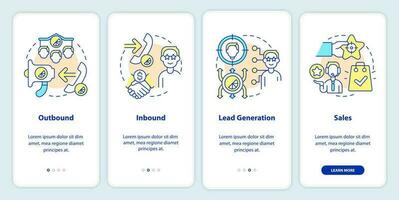 typer av telemarketing aktiviteter onboarding mobil app skärm. genomgång 4 steg redigerbar grafisk instruktioner med linjär begrepp. ui, ux, gui mall vektor