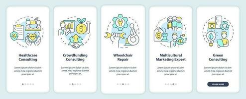 i efterfrågan små företag typer onboarding mobil app skärm. genomgång 5 steg redigerbar grafisk instruktioner med linjär begrepp. ui, ux, gui mall vektor