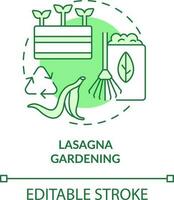 Lasagne Gartenarbeit Grün Konzept Symbol. Blatt Kompostierung. Gartenarbeit Methode abstrakt Idee dünn Linie Illustration. isoliert Gliederung Zeichnung. editierbar Schlaganfall vektor