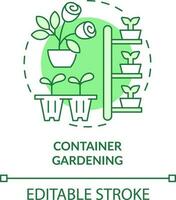 Container Gartenarbeit Grün Konzept Symbol. Innen- und draussen Pflanzen. Gartenarbeit Art abstrakt Idee dünn Linie Illustration. isoliert Gliederung Zeichnung. editierbar Schlaganfall vektor