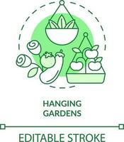 hängend Gardens Grün Konzept Symbol. suspendiert Körbe zum Pflanzen. Gartenarbeit Methode abstrakt Idee dünn Linie Illustration. isoliert Gliederung Zeichnung. editierbar Schlaganfall vektor