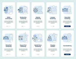 Gartenarbeit Methoden Licht Blau Onboarding Handy, Mobiltelefon App Bildschirm Satz. Komplettlösung 5 Schritte editierbar Grafik Anleitung mit linear Konzepte. ui, ux, gui Vorlage vektor