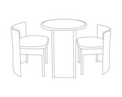 restaurang möbel hand dragen översikt, modern trä- stolar med dining tabell uppsättning med vit bakgrund vektor