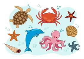 söt hav varelser och djur vektor ikoner.