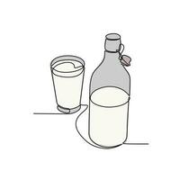 ett kontinuerlig linje teckning av flaska och glas med mjölk innehållet. dryck i enkel linjär stil. dryck design begrepp vektor illustration