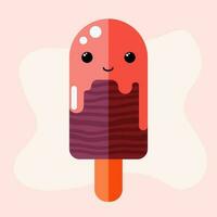 süß Schokolade Eis Sahne Charakter, lecker Dessert mit Augen und lächeln, Sommer- Essen, gefroren Süss Essen Illustration mit Erdbeere Belag. vektor