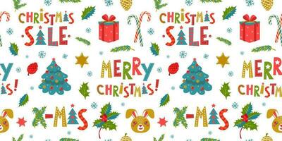 Weihnachten und Neu Jahr nahtlos Hintergrund mit Weihnachten Spielzeuge und Geschenke, Tannenbaum, Zapfen, Hasen. Vektor Design Vorlage.
