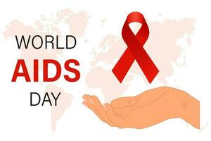 Welt AIDS Tag. ein Hand hält ein rot Bewusstsein Schleife. Banner, Poster, Vektor