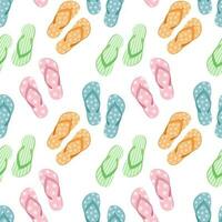 nahtlos Muster mit bunt Flip Flops, Sommer- Hausschuhe auf ein Weiß Hintergrund. Schwimmbad Schuhe Hintergrund, drucken, Vektor