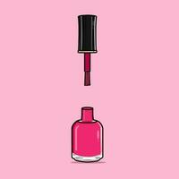 realistisch glänzend Rosa Nagel Polieren öffnen Glas Flasche mit schwarz Deckel und Nagel Bürste Vektor Illustration