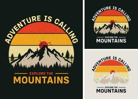 Abenteuer ist Berufung erkunden das Berge retro Jahrgang Sonnenuntergang T-Shirt Design, Camping Wandern draußen T-Shirt Design vektor