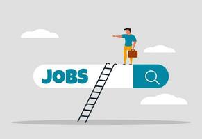 Suche zum ein Neu Arbeit, finden Neu Werdegang Chancen und Ambitionen. Öffnung ein Neu freie Stelle im das Arbeit Markt. ein Mann ist Stehen auf ein Job Suche Tafel. Vektor Illustration Konzept