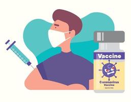 en man bär skyddande ansiktsmask och fick vaccin för att förhindra angrepp av koronavirus vektor