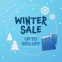 Vektor Illustration von Winter Verkauf mit Einkaufen Taschen, Schnee Flocken und Baum