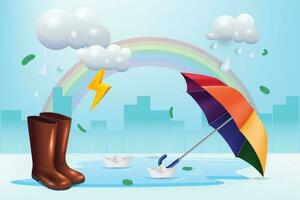 glücklich Monsun Jahreszeit Hintergrund. Regenbogen, Regenschirm Wolken, Donner, Papier Boot und Regen Schuhe vektor