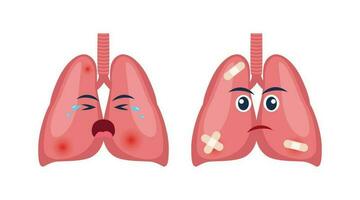 sjuk lungor med smärta värk eller sjukdom. ledsen tecknad serie karaktär lungor, kropp organ skadade eller ohälsosam. mänsklig tecknad serie anatomi, barn medicin. vektor illustration.