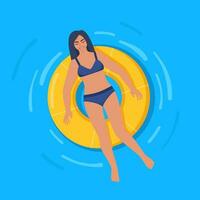 glücklich Frau im Badeanzug schwebend auf Gummi Ring im Schwimmen Schwimmbad oder im das Meer. Entspannung, genießen Leben Konzept. Vektor Illustration.