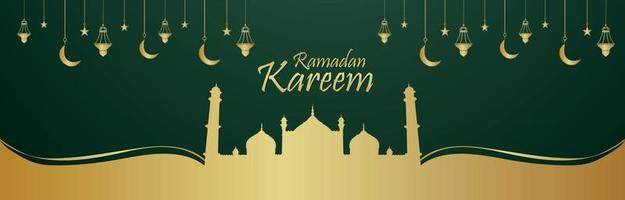Ramadan Kareem islamisches Festival Einladungsbanner oder Kopfzeile mit Musterlaterne und Moschee vektor