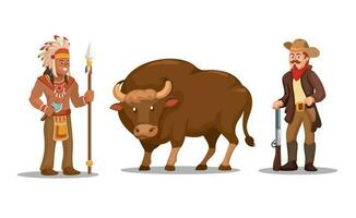 Cowboy und indisch mit Bison Tier. amerikanisch uralt Geschichte Charakter Symbol einstellen Karikatur Illustration Vektor