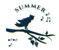 sommar, vektor illustration, fågel sång och Sammanträde på en gren med grön löv, mörk blå Färg monokrom, musikalisk anteckningar på isolerat vit bakgrund.