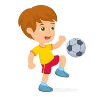 liten pojke som spelar fotboll och sparkar boll vektor