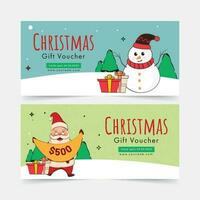 Weihnachten Geschenk Gutschein Banner Layout mit süß Santa Klaus, Schneemann, Geschenk Kisten und Weihnachten Baum. vektor