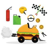 Karikatur Burger Auto auf Räder. Hamburger LKW oder Cheeseburger van mit Rennen Zubehör. Vektor eben Illustration