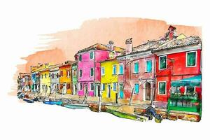 burano veneto Italien vattenfärg hand dragen illustration isolerat på vit bakgrund vektor