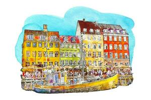 Kopenhagen Dänemark Aquarell Hand gezeichnet Illustration isoliert auf Weiß Hintergrund vektor
