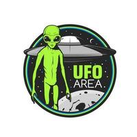 UFO Bereich Symbol mit Grün Außerirdischer und fliegend Untertasse vektor