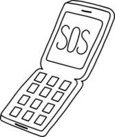 söt retro mussla telefon. ett sos meddelande. vektor svart och vit illustration i de begrepp av de 80-tal, 90-tal. de retro flip telefon är markerad på en vit bakgrund. färg bok.