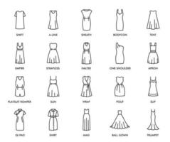 kvinna klänningar isolerat ikoner, kvinna mode vektor