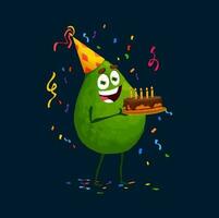 tecknad serie avokado karaktär på fest, födelsedag kaka vektor