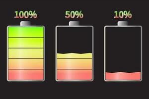 batteri status med olika annorlunda nivå av avgift, vektor illustration isolerat på bakgrund.