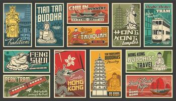 Hong kong Reise Vektor Chinesisch Sehenswürdigkeiten Plakate