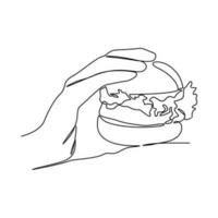 einer kontinuierlich Linie Zeichnung von ein Hand halten ein Burger. Essen Illustration im einfach linear Stil. Essen Design Konzept Vektor Illustration