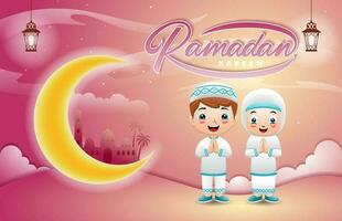 Moslem Kinder Karikatur mit Halbmond Mond und Moschee, Ramadan kareem Elemente vektor