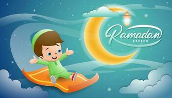 moslem pojke flygande på matta tvärs över halvmåne måne på ramadan natt, vektor tecknad serie illustration