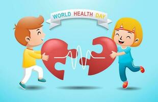 tecknad serie barn innehav hjärta pussel, värld hälsa dag kampanj vektor
